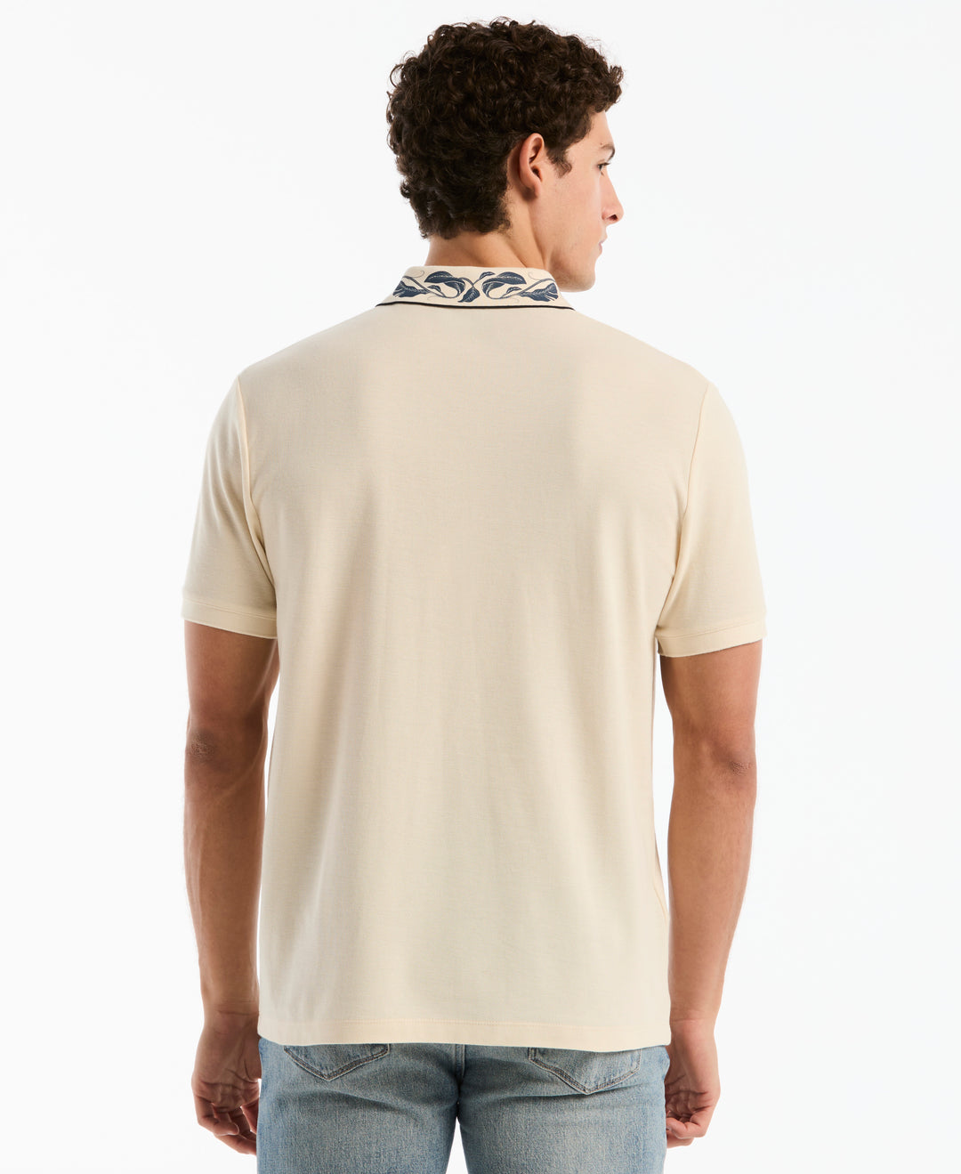 Organic Cotton Pique Polo with Floral Print Collar (Birch) 