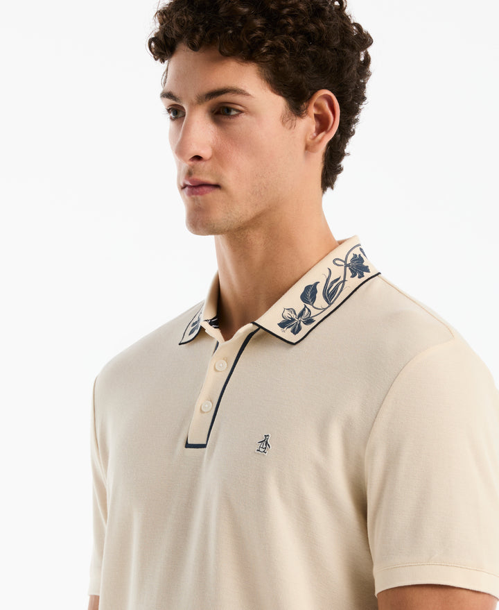 Organic Cotton Pique Polo with Floral Print Collar (Birch) 