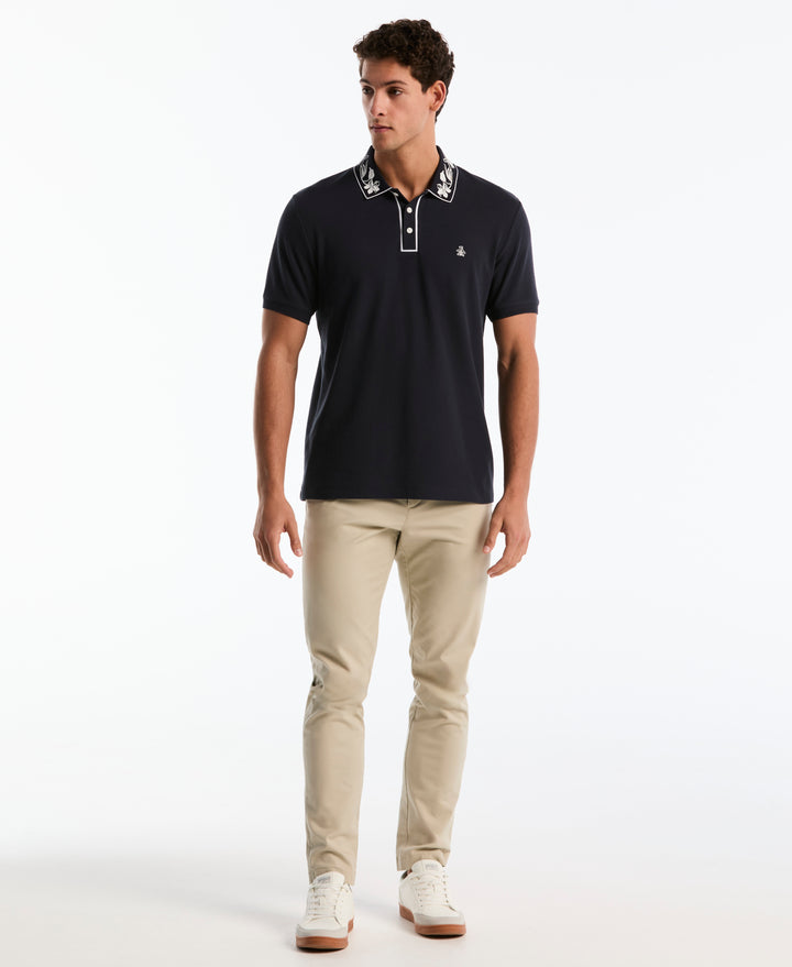 Organic Cotton Pique Polo with Floral Print Collar (Dark Sapphire) 