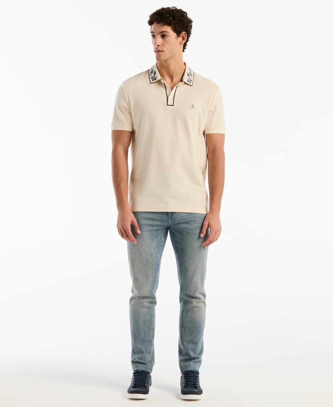 Organic Cotton Pique Polo with Floral Print Collar (Birch) 