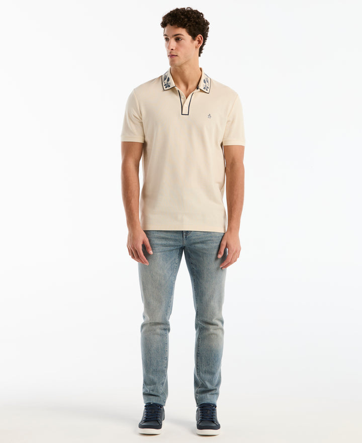 Organic Cotton Pique Polo with Floral Print Collar (Birch) 