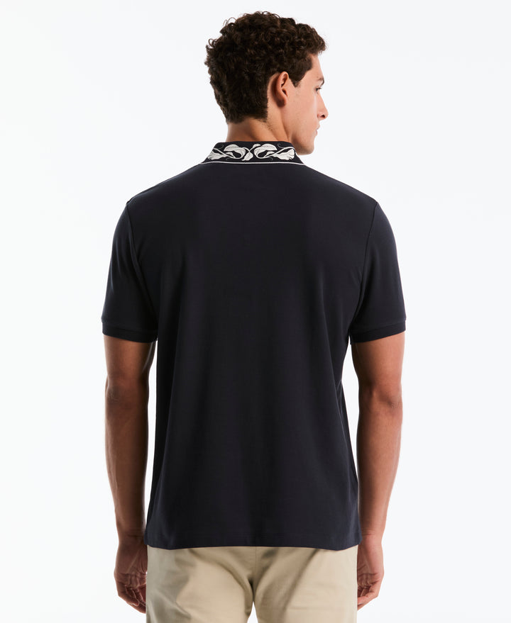 Organic Cotton Pique Polo with Floral Print Collar (Dark Sapphire) 