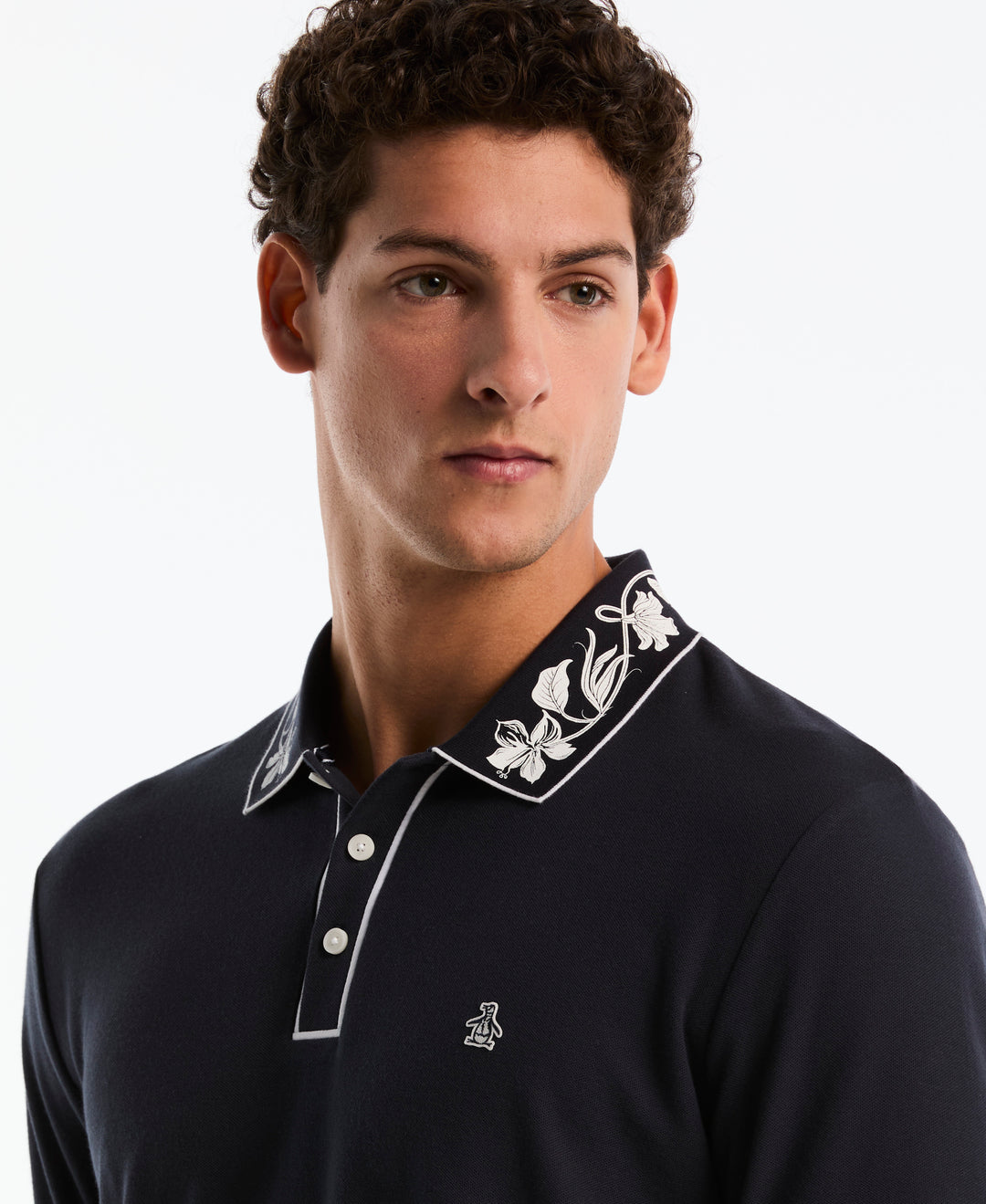 Organic Cotton Pique Polo with Floral Print Collar (Dark Sapphire) 