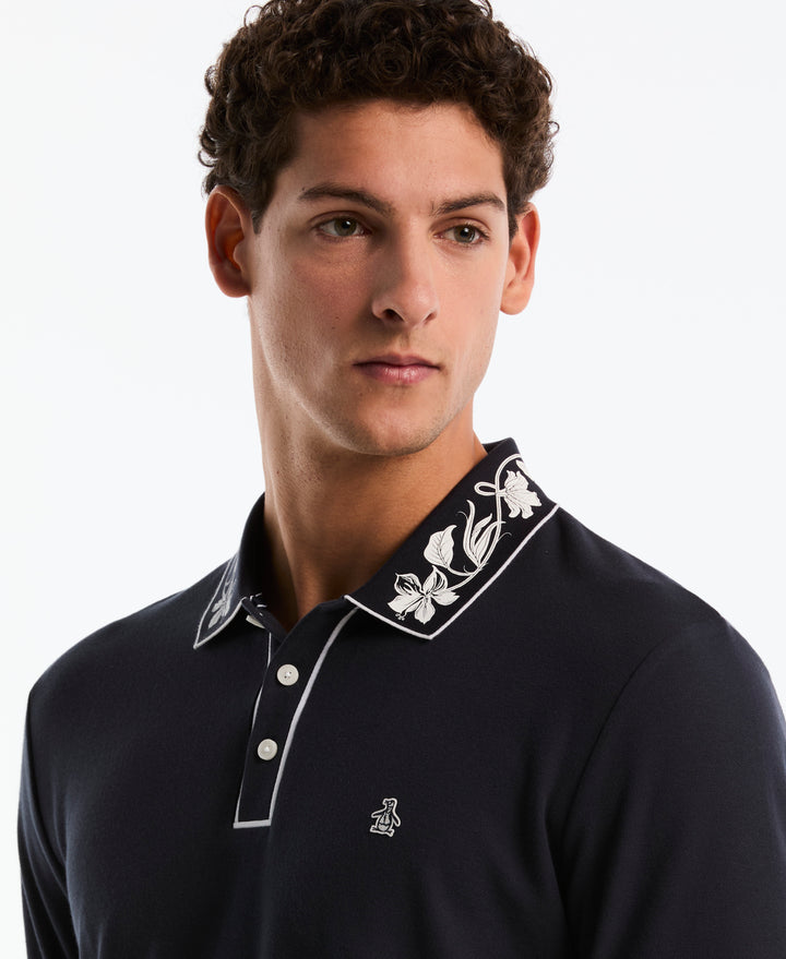 Organic Cotton Pique Polo with Floral Print Collar (Dark Sapphire) 