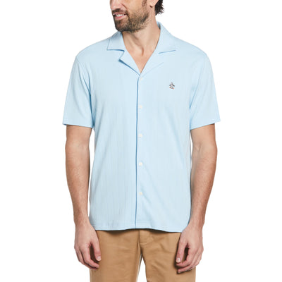 Organic Cotton Striped Short Sleeve Shirt With Camp Collar (Cool Blue) 