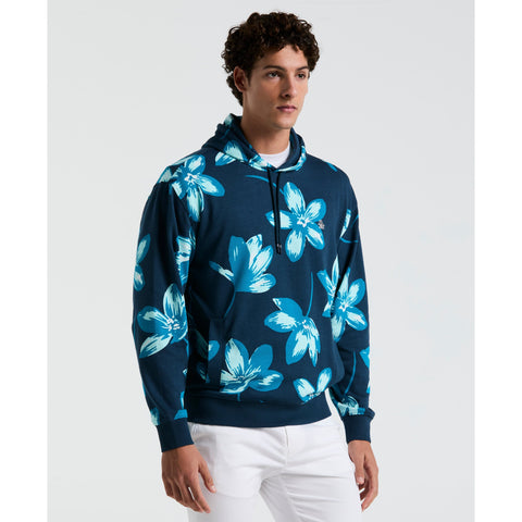 Painted Floral Print French Terry Hoodie (Blue Wing Teal) 