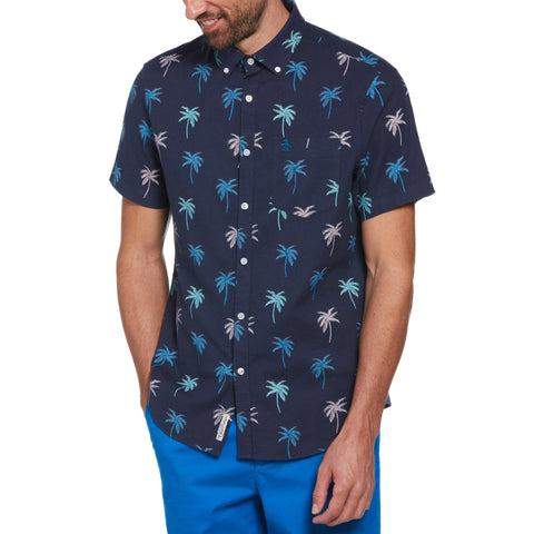 Linen-Cotton Blend Palm Tree Print Shirt (Dress Blues) 