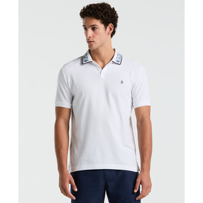 Cotton Pique Floral Print Collar Polo (Bright White) 