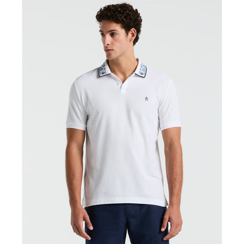 Cotton Pique Floral Print Collar Polo (Bright White) 