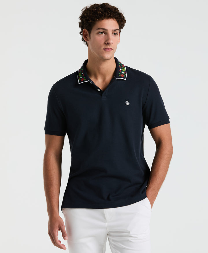 Cotton Pique Floral Print Collar Polo (Dark Sapphire) 