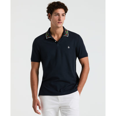 Cotton Pique Floral Print Collar Polo (Dark Sapphire) 