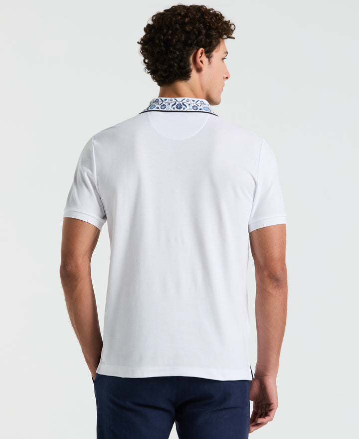 Cotton Pique Floral Print Collar Polo (Bright White) 