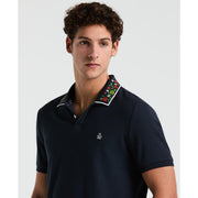 Cotton Pique Floral Print Collar Polo (Dark Sapphire) 