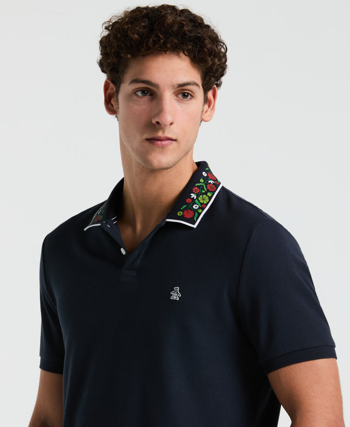 Cotton Pique Floral Print Collar Polo (Dark Sapphire) 