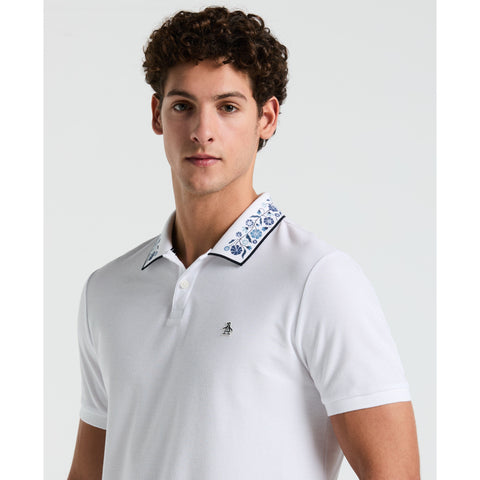 Cotton Pique Floral Print Collar Polo (Bright White) 