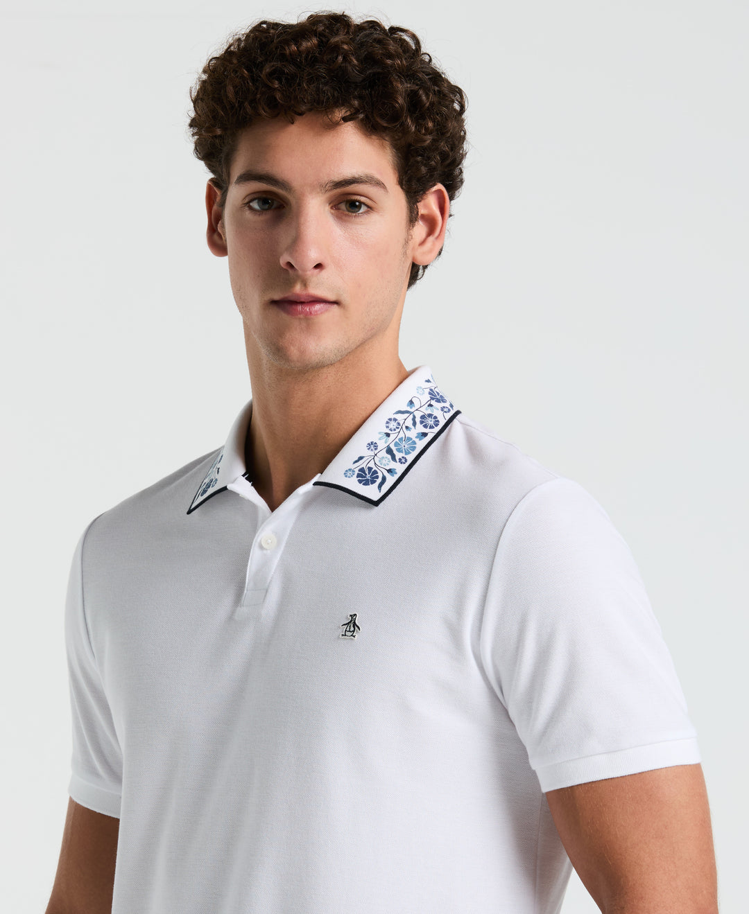 Cotton Pique Floral Print Collar Polo (Bright White) 