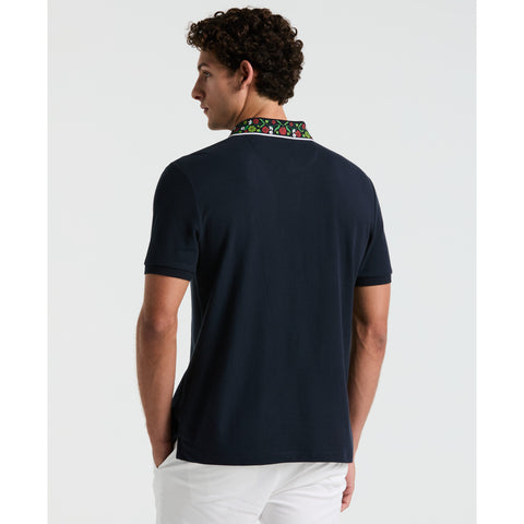 Cotton Pique Floral Print Collar Polo (Dark Sapphire) 