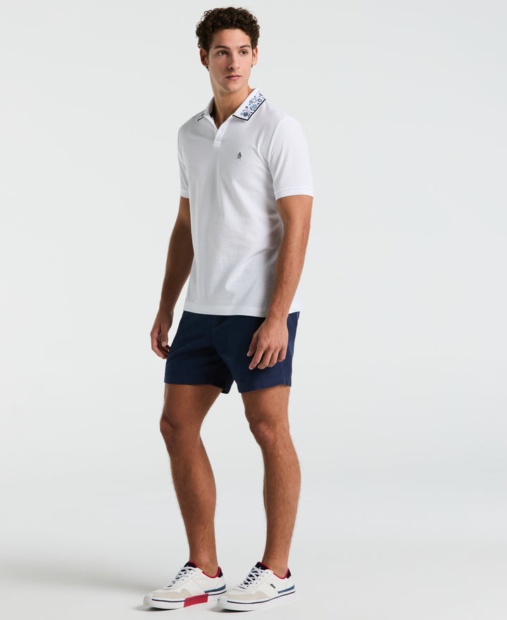 Cotton Pique Floral Print Collar Polo (Bright White) 