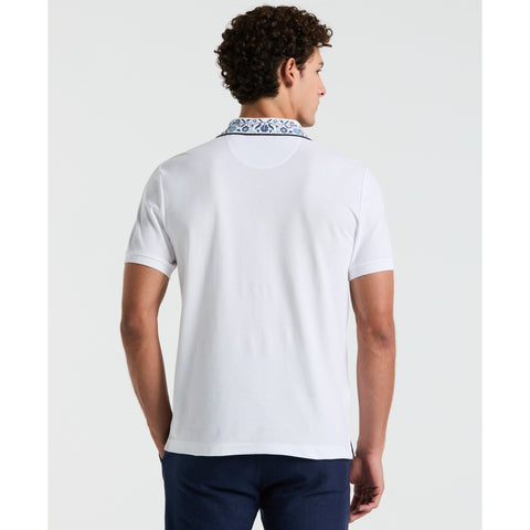 Cotton Pique Floral Print Collar Polo (Bright White) 