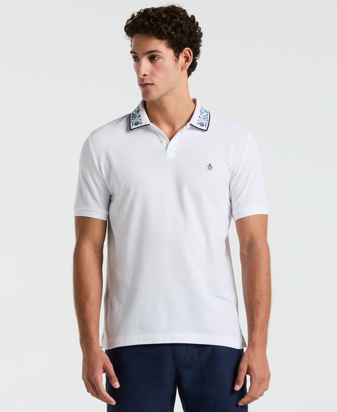 Cotton Pique Floral Print Collar Polo (Bright White) 