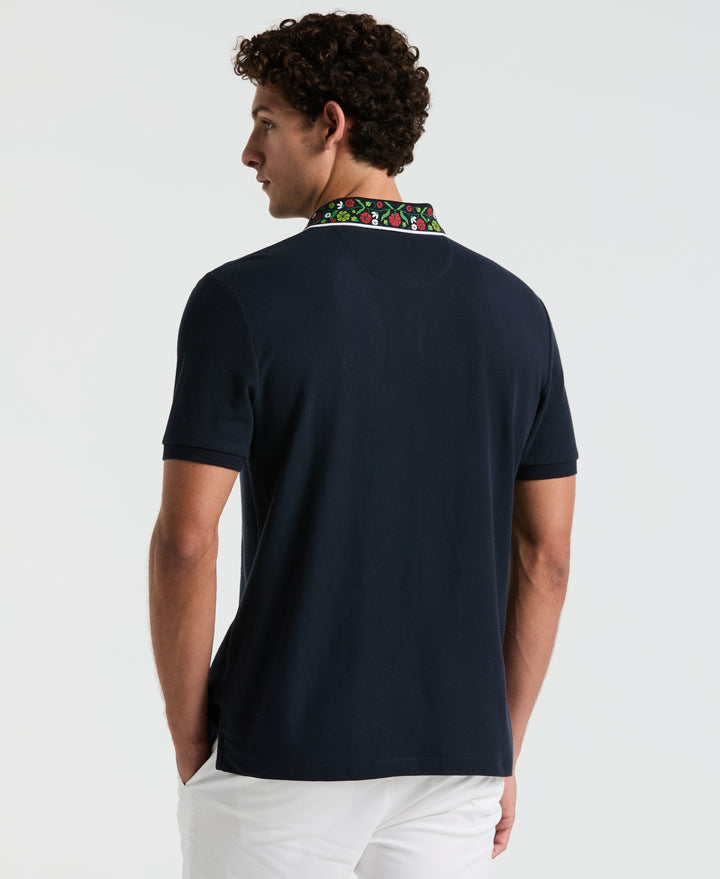 Cotton Pique Floral Print Collar Polo (Dark Sapphire) 