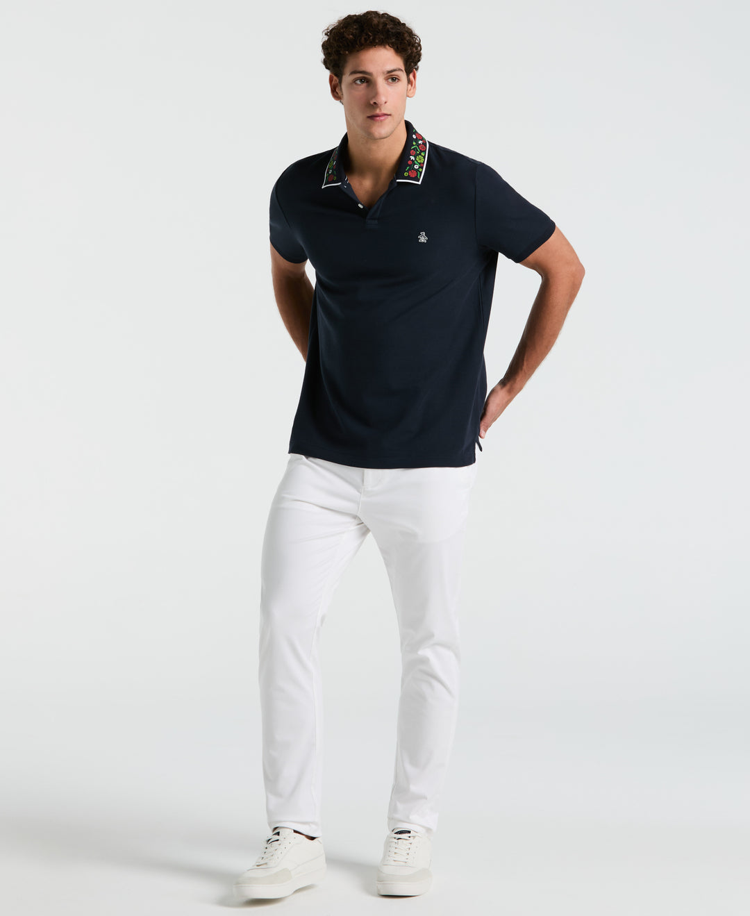 Cotton Pique Floral Print Collar Polo (Dark Sapphire) 