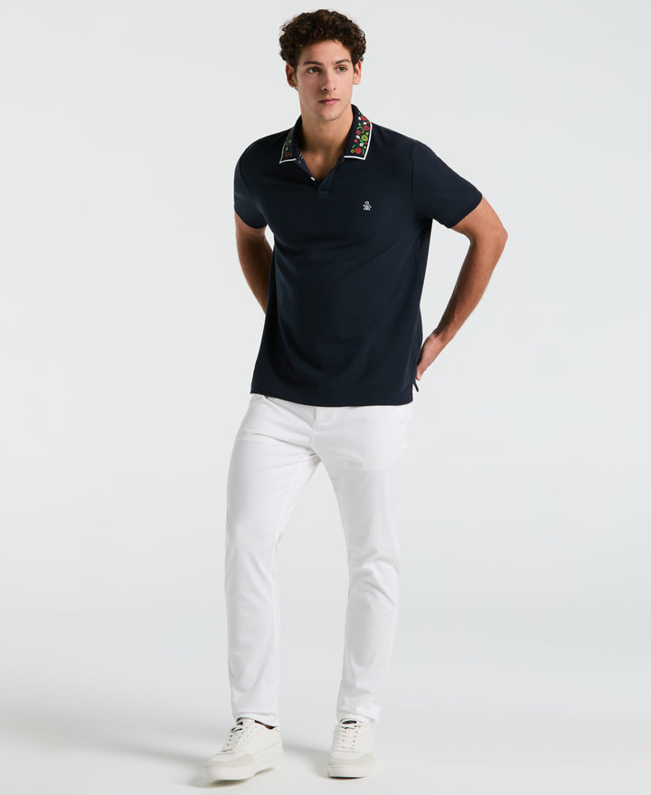 Cotton Pique Floral Print Collar Polo (Dark Sapphire) 