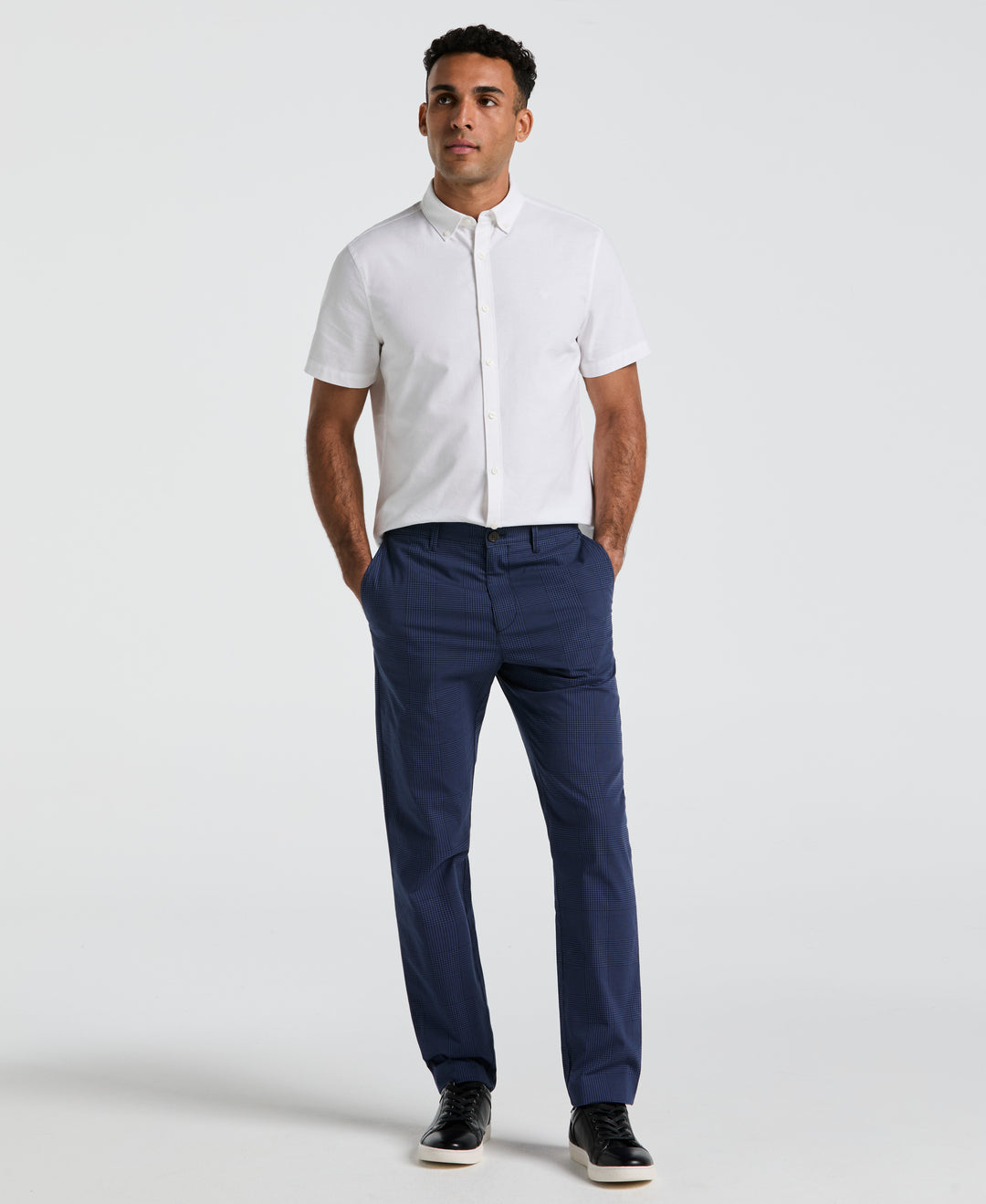 Cotton Blend Slim Fit Plaid Pants (Dark Sapphire) 