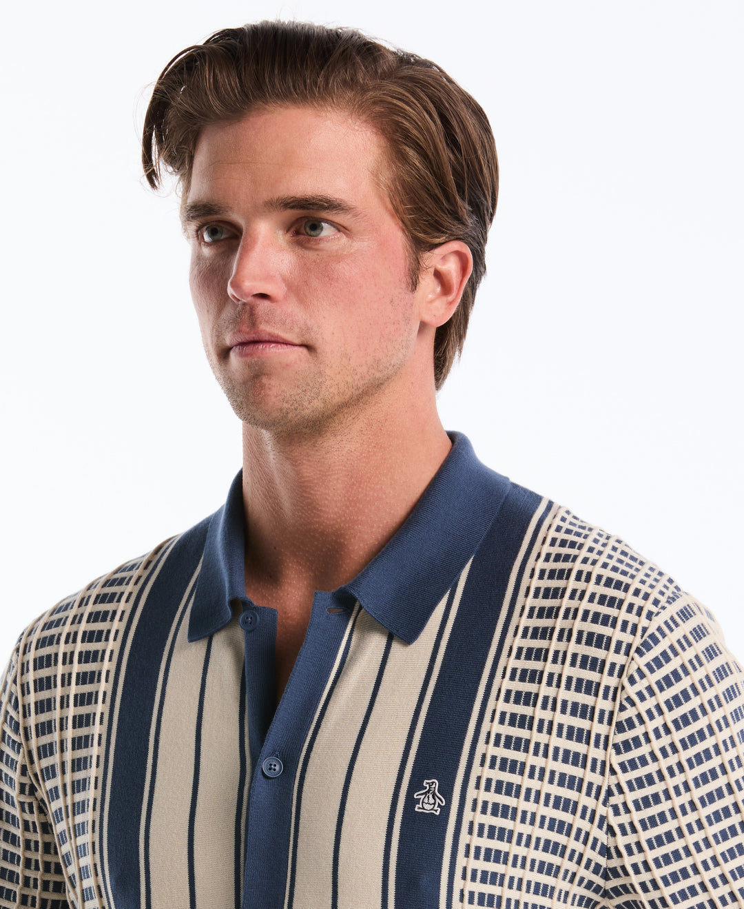 Plaid & Stripe Button-Front Cotton Polo Sweater (Sargasso Sea) 