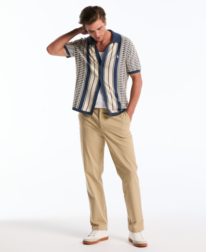 Plaid & Stripe Button-Front Cotton Polo Sweater (Sargasso Sea) 