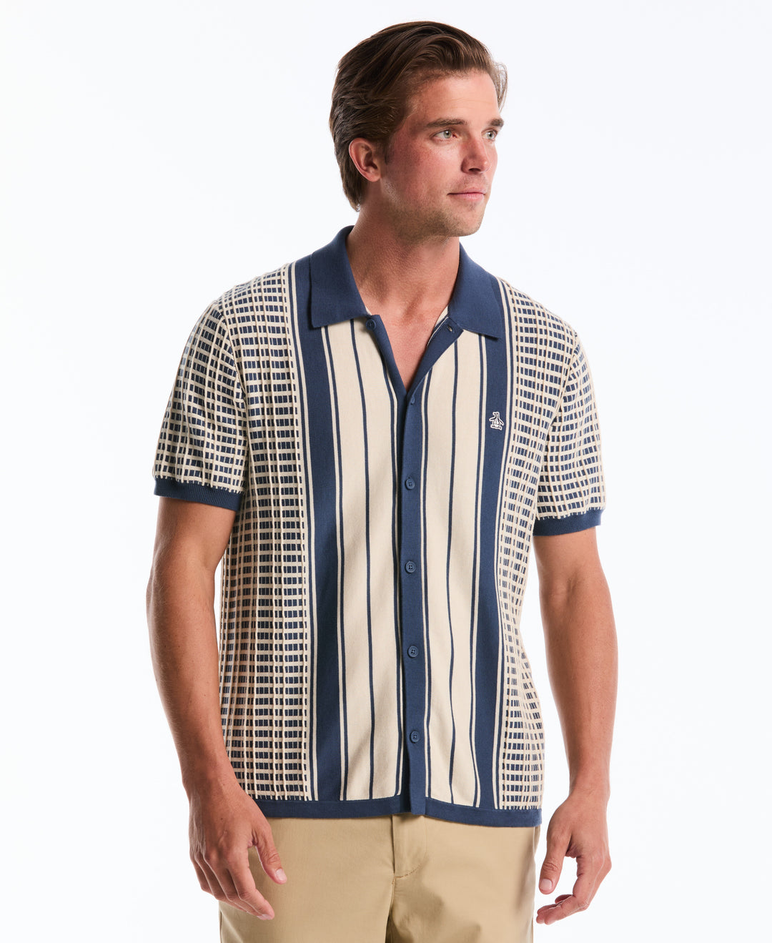 Plaid & Stripe Button-Front Cotton Polo Sweater (Sargasso Sea) 