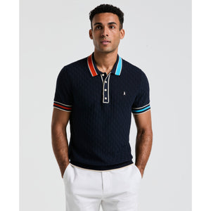 Cotton Pointelle Blocked Ribbed Sweater Polo Shirt (Dark Sapphire) 