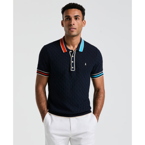 Cotton Pointelle Blocked Ribbed Sweater Polo Shirt (Dark Sapphire) 