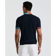 Cotton Pointelle Blocked Ribbed Sweater Polo Shirt (Dark Sapphire) 