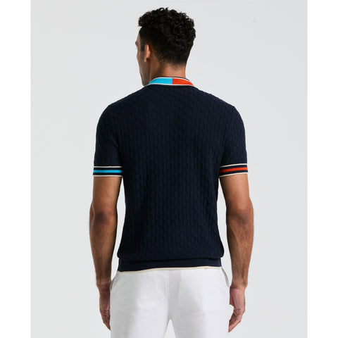 Cotton Pointelle Blocked Ribbed Sweater Polo Shirt (Dark Sapphire) 