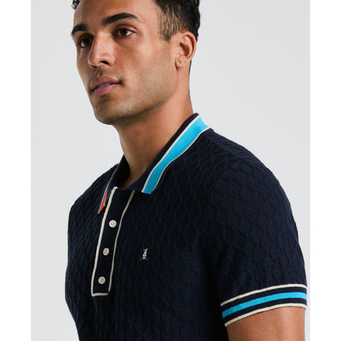 Cotton Pointelle Blocked Ribbed Sweater Polo Shirt (Dark Sapphire) 