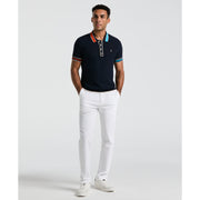 Cotton Pointelle Blocked Ribbed Sweater Polo Shirt (Dark Sapphire) 