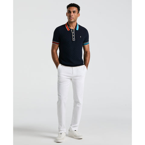 Cotton Pointelle Blocked Ribbed Sweater Polo Shirt (Dark Sapphire) 