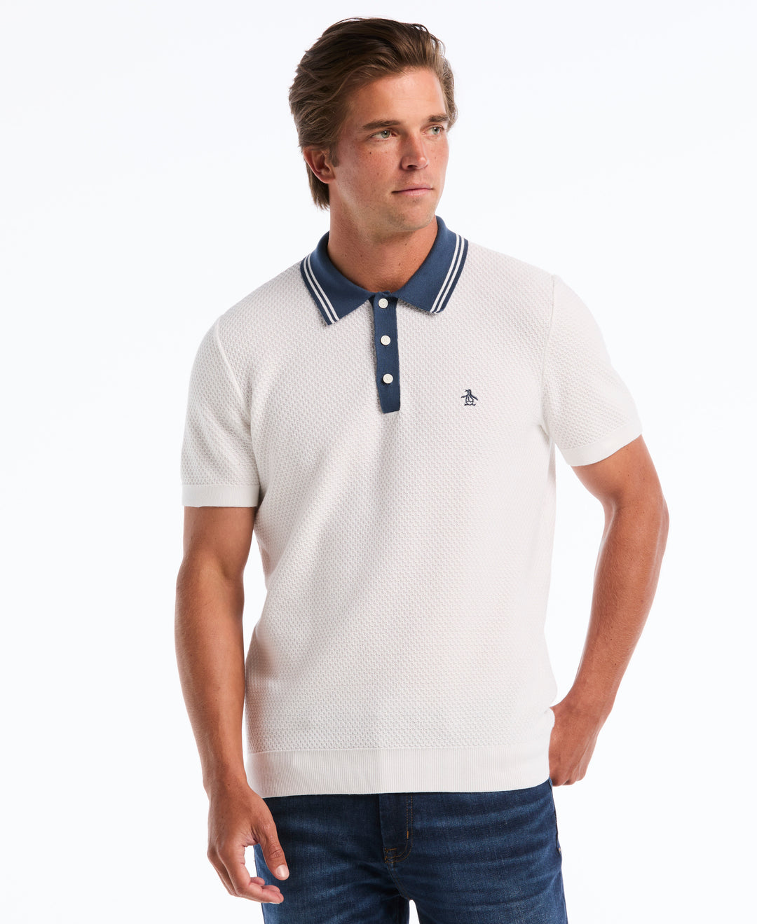 Popcorn Stitch Sweater Polo (Bright White) 