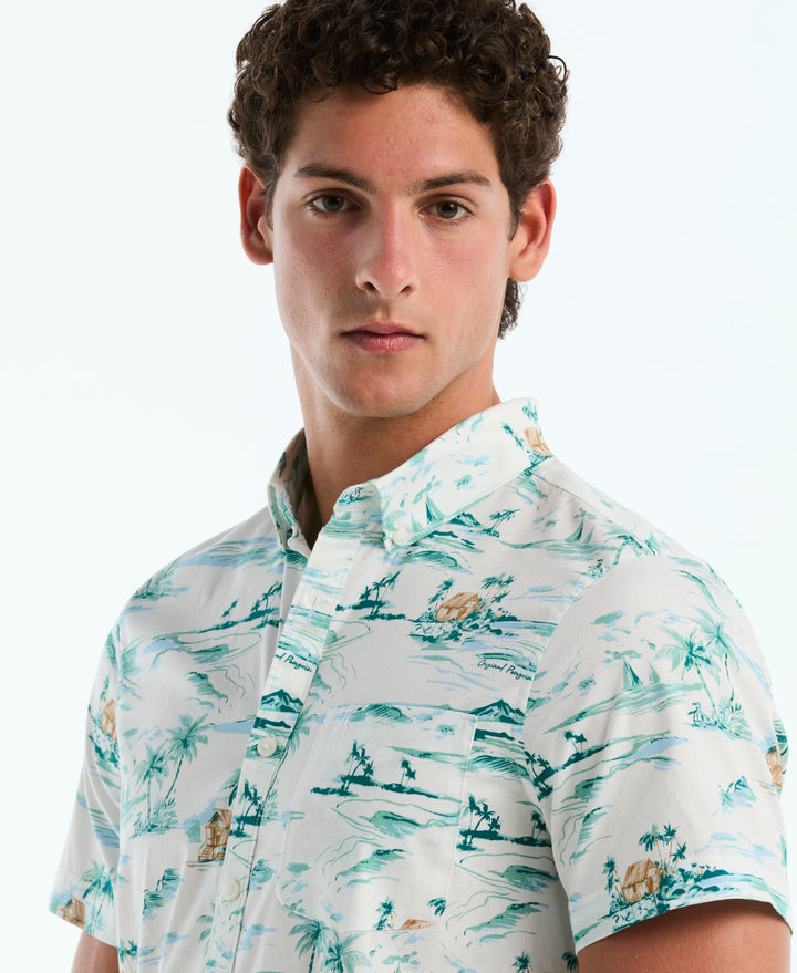 Poplin All-Over Beach Scene Shirt (Bright White) 