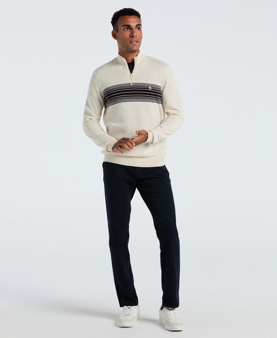 Cotton Engineered Chest Stripe 1/4 Zip Sweater (Birch) 