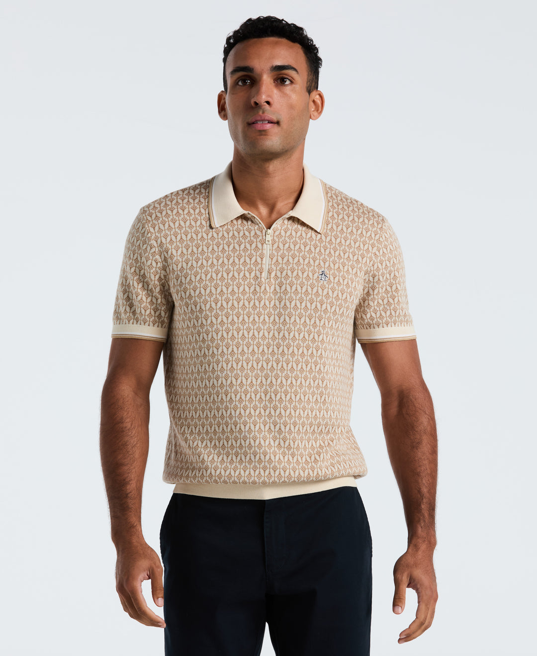 Cotton Jacquard Geo 1/4 Zip Sweater Polo (Birch) 