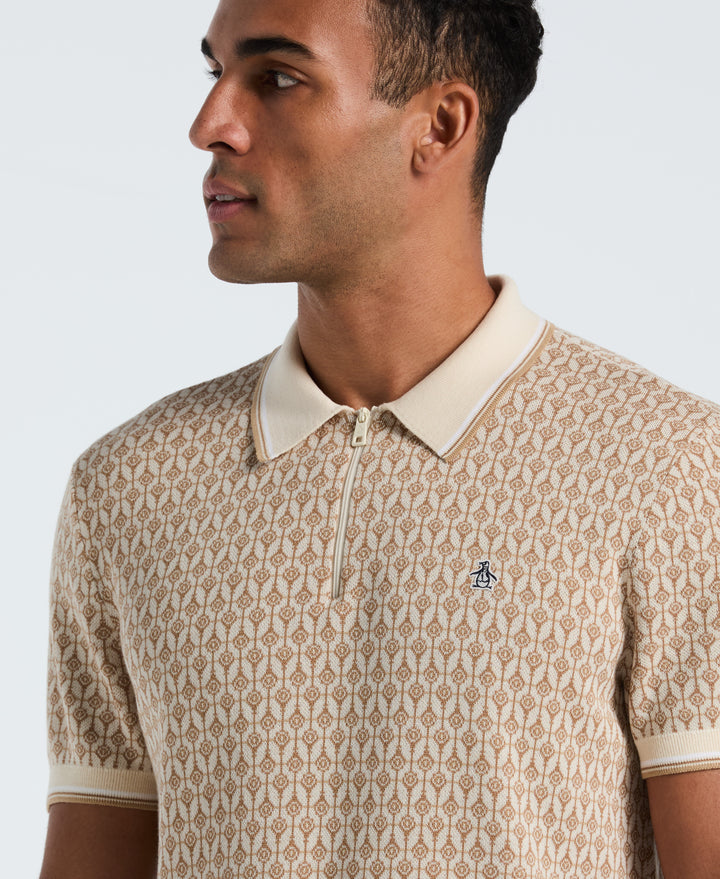 Cotton Jacquard Geo 1/4 Zip Sweater Polo (Birch) 