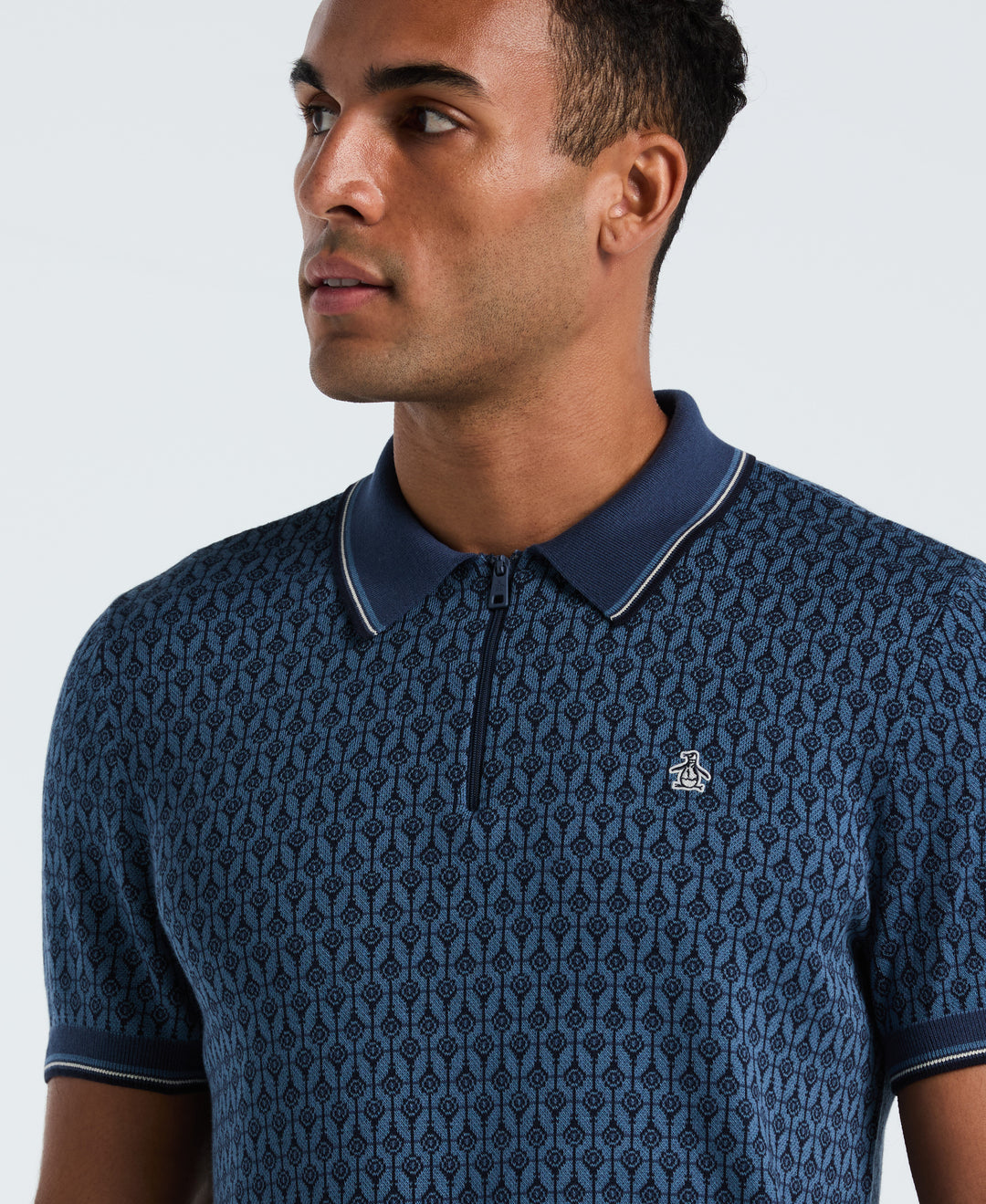 Cotton Jacquard Geo 1/4 Zip Sweater Polo (Sargasso Sea) 