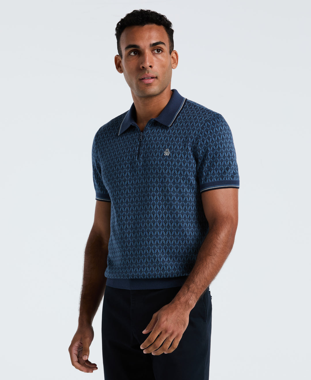 Cotton Jacquard Geo 1/4 Zip Sweater Polo (Sargasso Sea) 