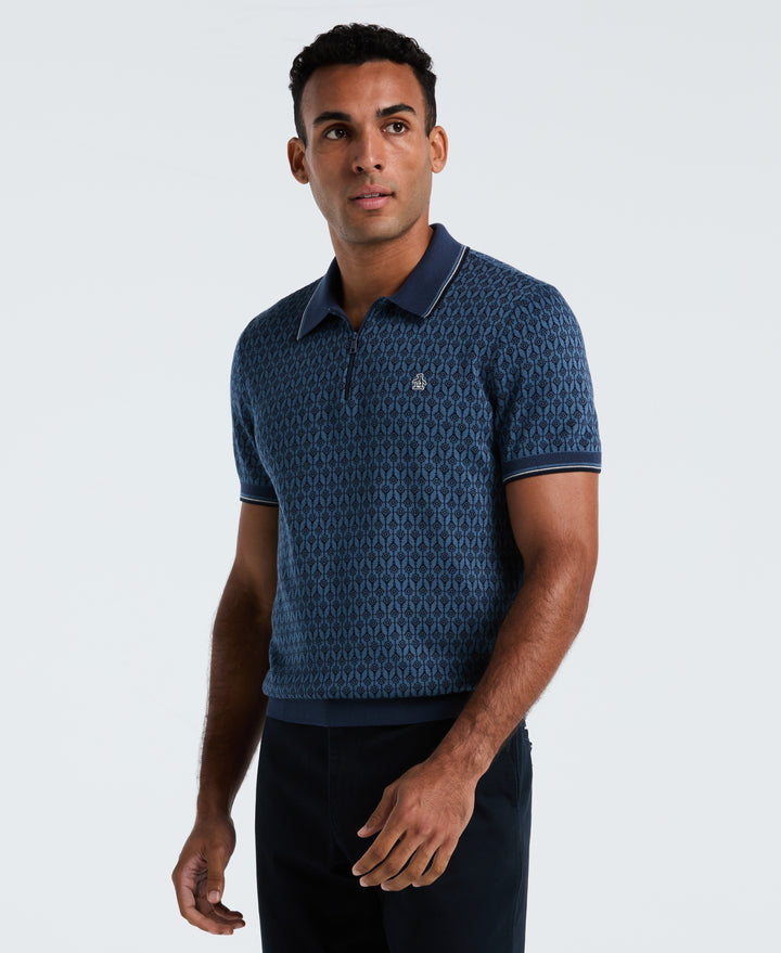 Cotton Jacquard Geo 1/4 Zip Sweater Polo (Sargasso Sea) 