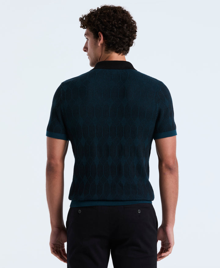 Cotton Jacquard Quarter Zip Sweater Polo (Reflecting Pond) 