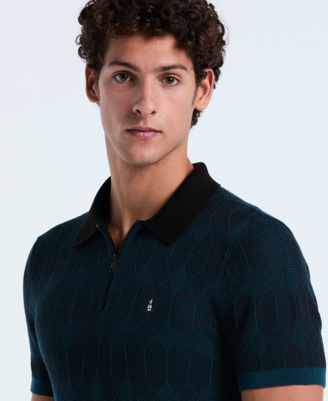 Cotton Jacquard Quarter Zip Sweater Polo (Reflecting Pond) 