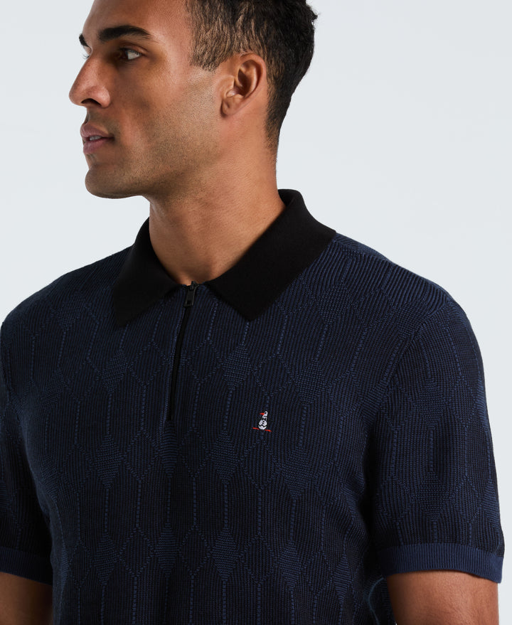 Cotton Jacquard Quarter Zip Sweater Polo (Sargasso Sea) 