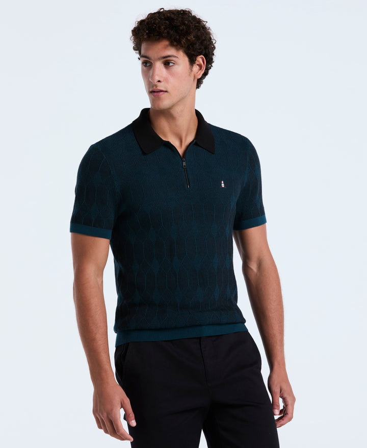 Cotton Jacquard Quarter Zip Sweater Polo (Reflecting Pond) 